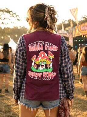 Upcycled Oversized Flannel Tee Reworked Mushroom Graphic Pullover Size L - XL